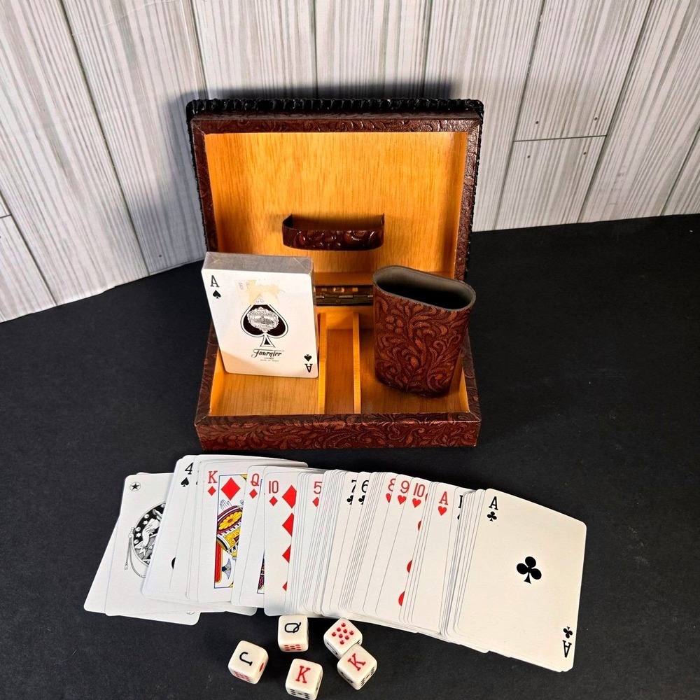 Vtg Hand‎ Tooled Leather on Wood Playing Card Box Matador Bull Spain With Cards